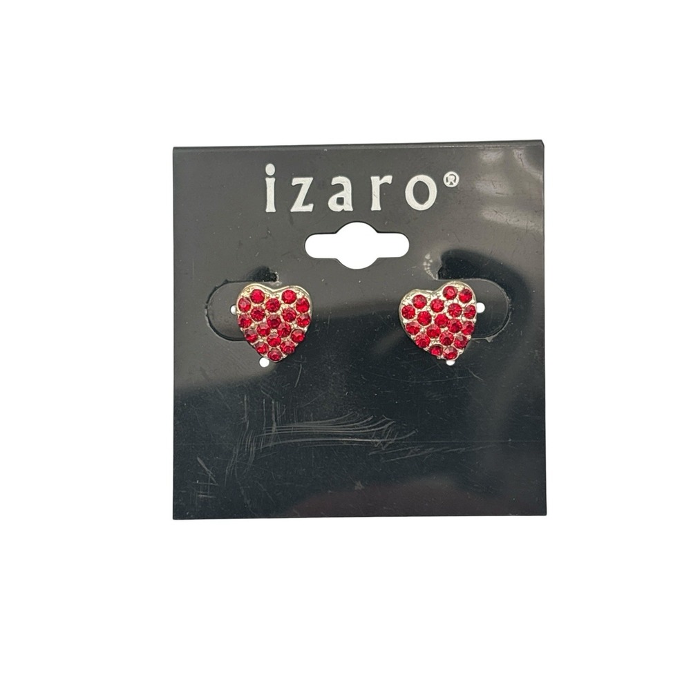 Vintage Izaro Silver Tone Red Rhinestone Hearts Stud‎ Pierced Earrings